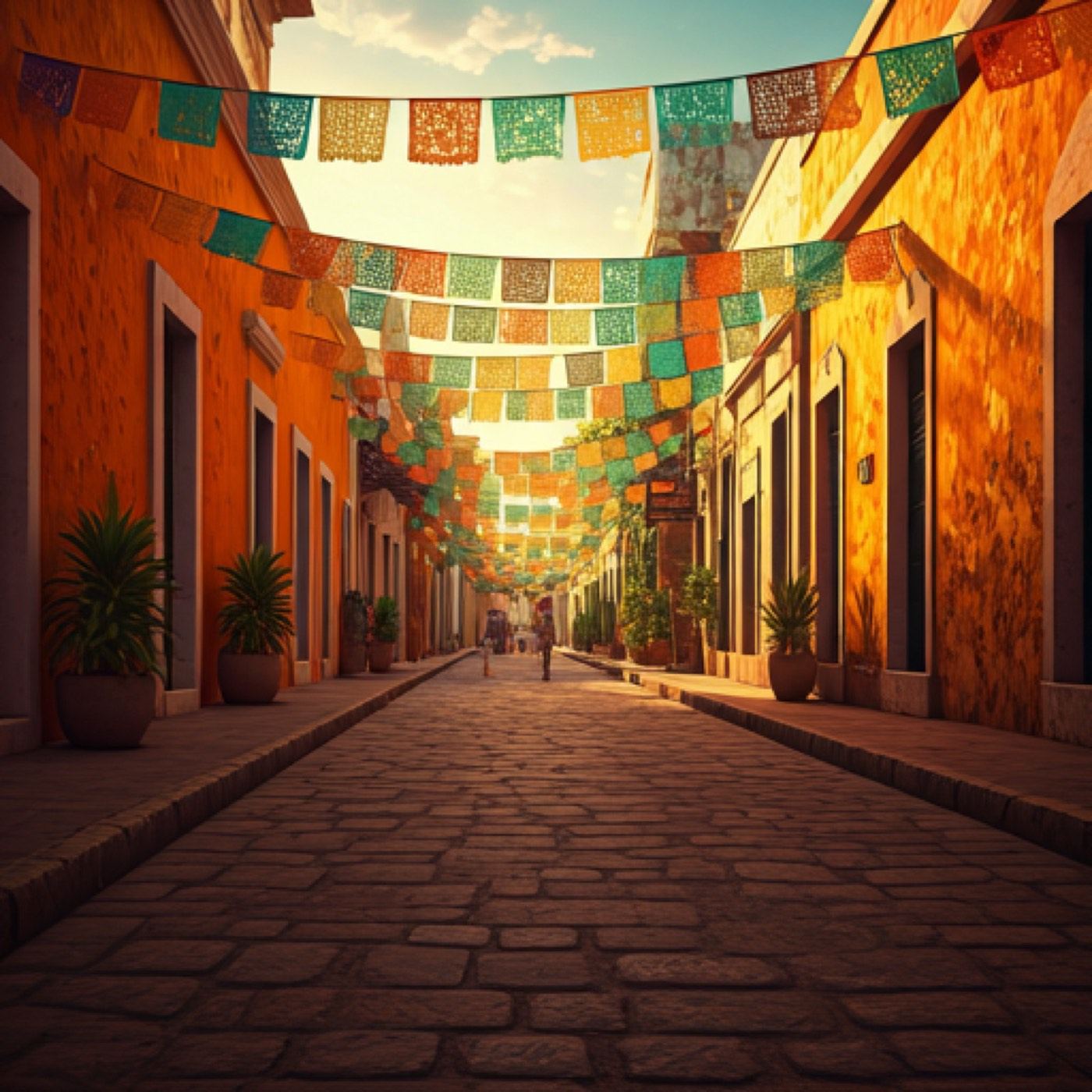 Kolorowa uliczka w Cancún z papel picado